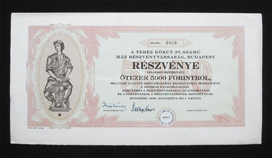 Teréz Körút 37. Számú Ház Rt. részvény 5000 forint 1948